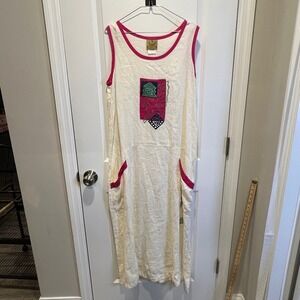 Blue Cactus Linen Dress M Pink Trim‎ Art Print Midi Made in USA Sleeveless